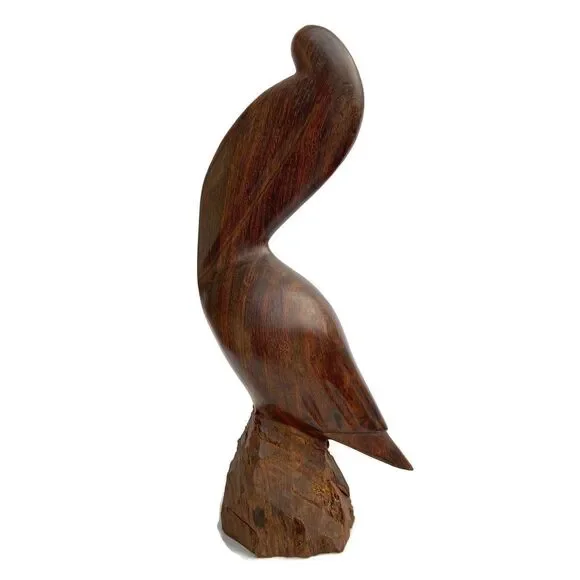 Vintage Mid Century Modern Carved Teak Wood Pelican Quail Bird Sculptures Set